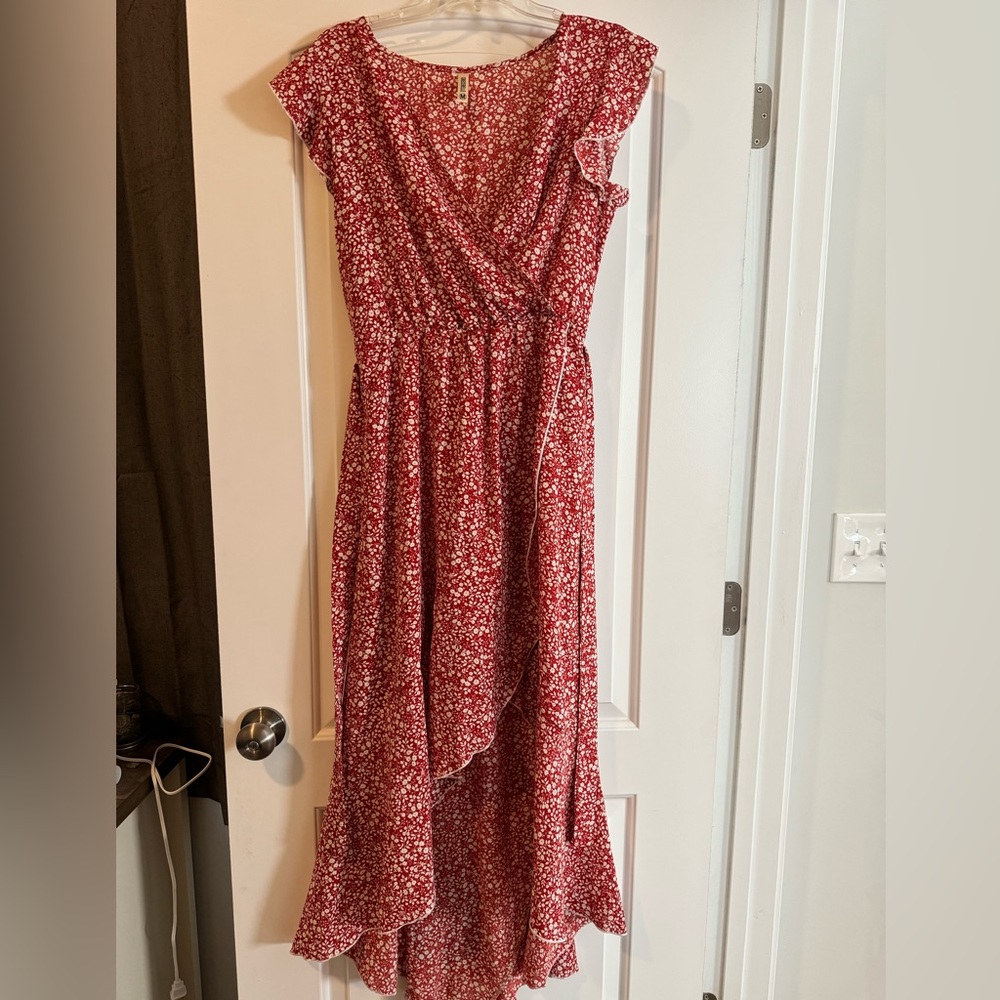 High low brick red floral dress